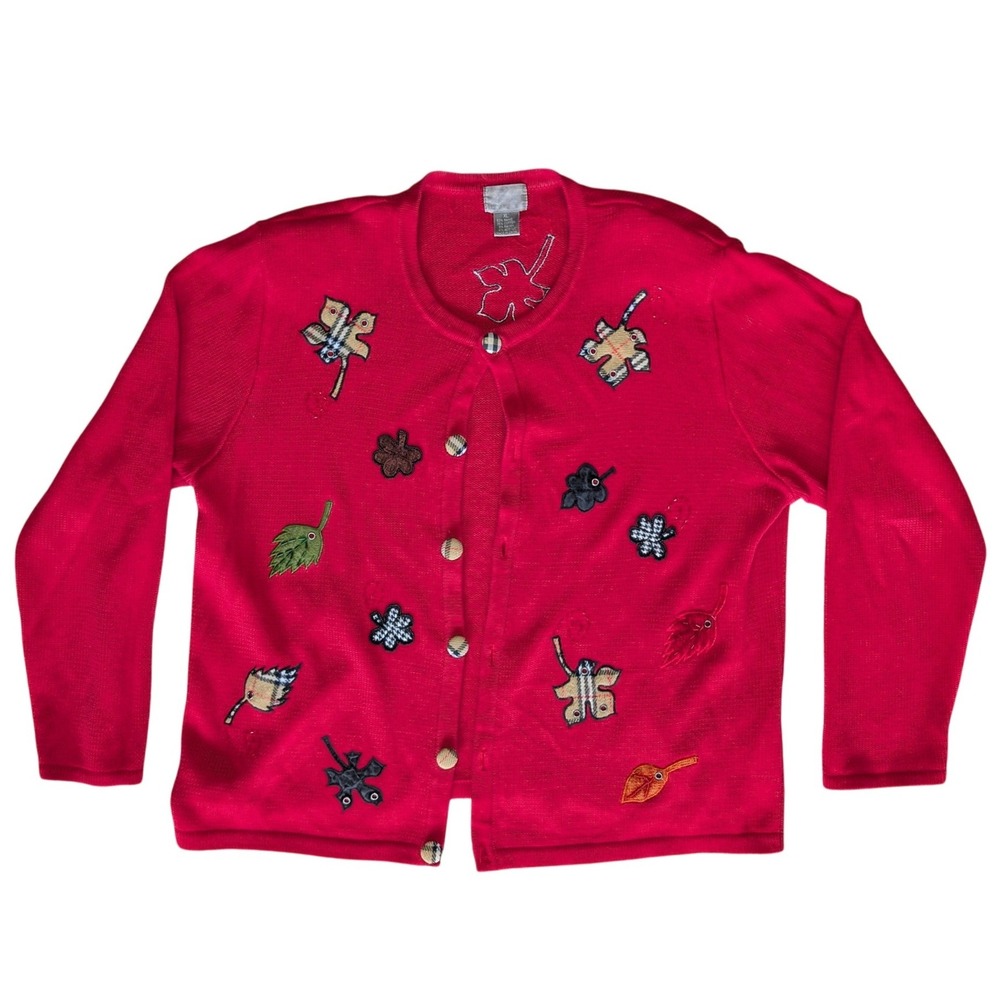 Vintage berek Extra Large Red Fall Leaf Knit Cottagecore Cardigan Tartan